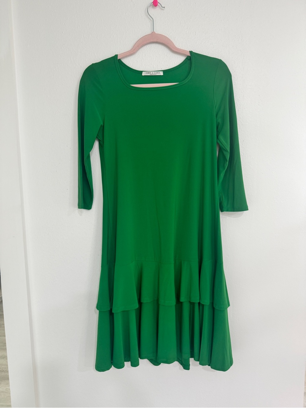 Chris & Carol Green Ruffle Hem Dress Size S 3/4 Sleeve Fit & Flare Tiered. 0022